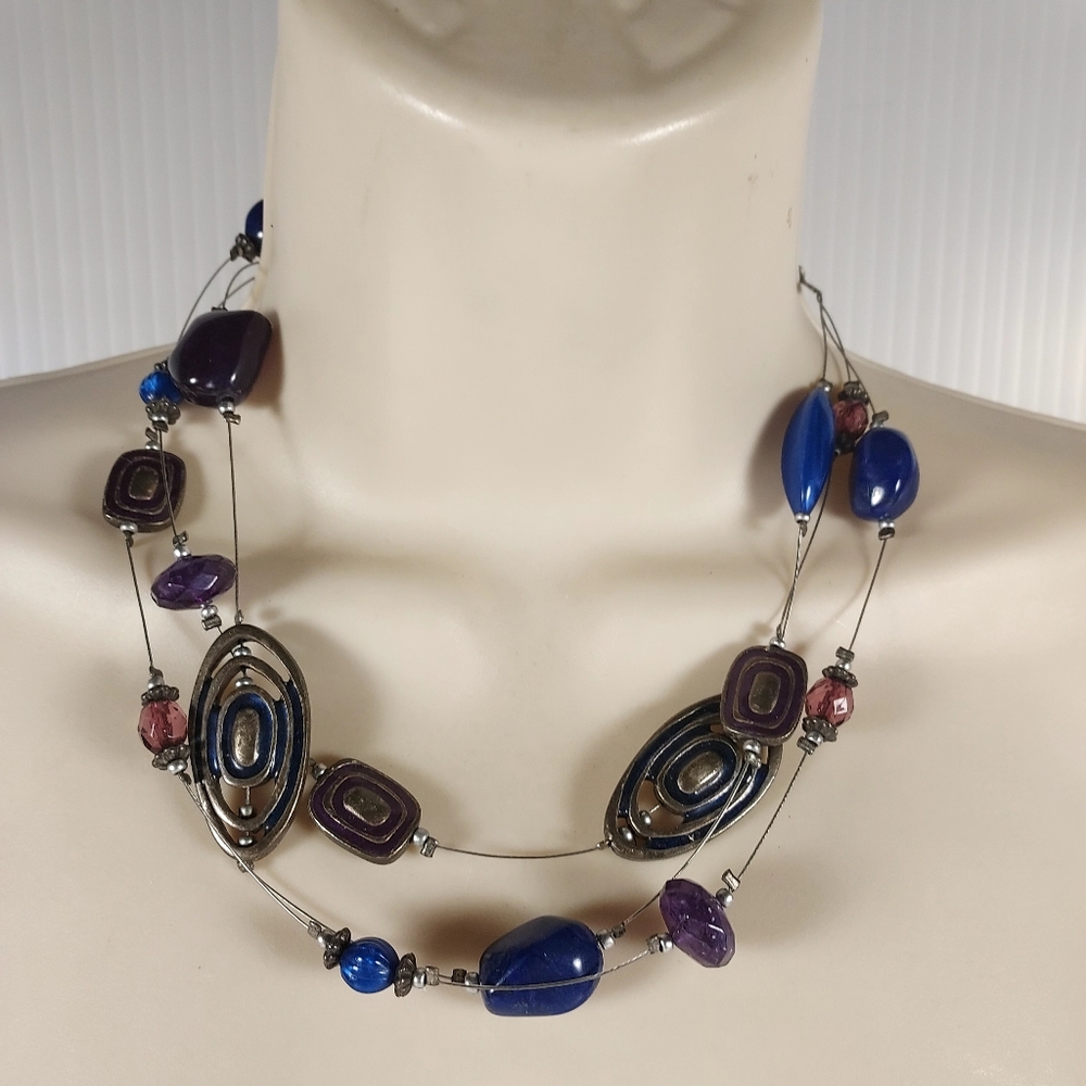 Chico's Navy Blue and Silver Wire Multi-Layer Necklace Stone Glass Boho Style - Picture 8 of 8